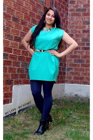 gold Forever21 necklace - black H&M boots - aquamarine vivilli dress