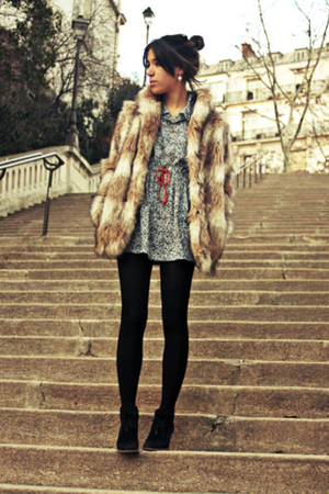 beige faux fur H&M coat - black Creeks shoes - gray American Apparel dress