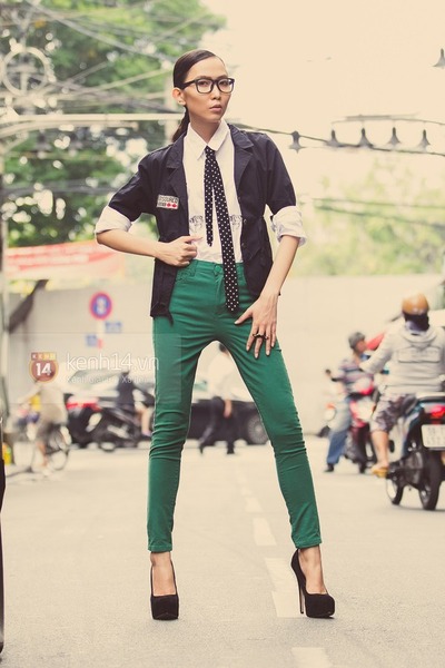 green trousers and white shirt