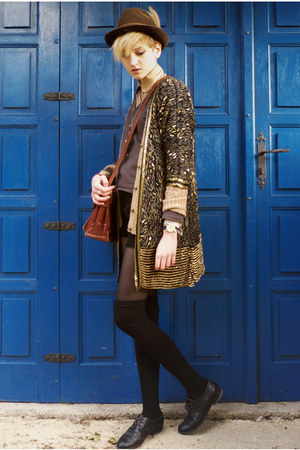 dark brown feather thrifted hat - camel collar Etsy shirt