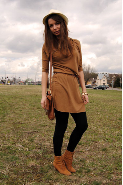 brown New Yorker shoes - light brown Bershka dress - eggshell Bershka hat - blac