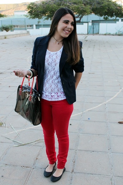 red pants navy blazer