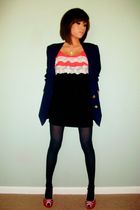 blue casa de moda blazer - black Solemio dress - blue unknown tights - red joey 
