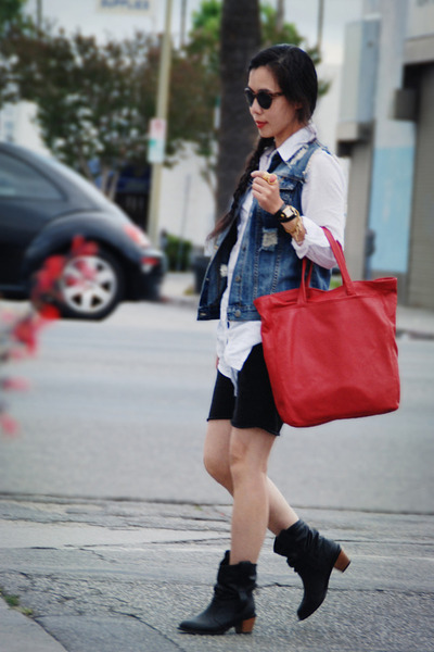 black H&M boots - red Zara bag - white Zara blouse - denim I heart