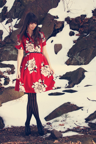 ruby red Anthropologie dress - black Urban Outfitters tights - black Steve Madde