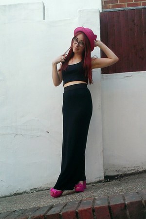 black maxi H&M dress - hot pink straw cat ear OASAP hat - black crop Primark top