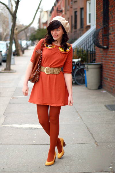 Orange Dress with Gold Shoes