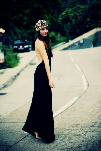 gold sequin turban Disco Pony accessories - black open back asos dress