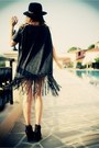 Dark-gray-fringe-detail-botique-dress-black-fedora-vintage-hat-black-peep-to