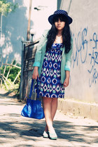 blue bluish abstract Body & Soul dress - navy vintage hat