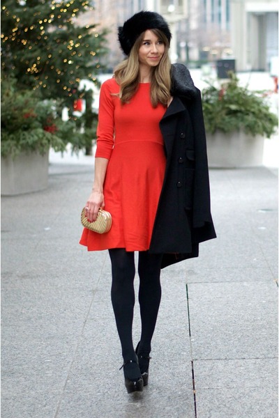 red dress black coat