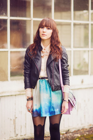 sky blue space OASAP skirt - black leather collection b jacket