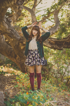 black cat print OASAP skirt - dark green vintage sweater