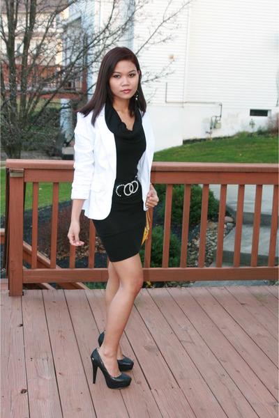 black dress and white blazer