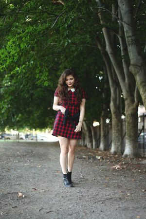 red plaid Urban Outfitters dress - black vintage Vintage boots boots
