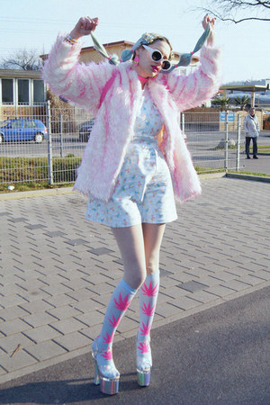 light pink fuzzy faux fur vintage coat - light blue pinafore DIY dress