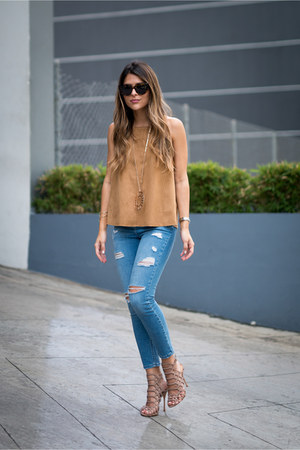 tan suede Topshop top - light blue ripped Topshop jeans