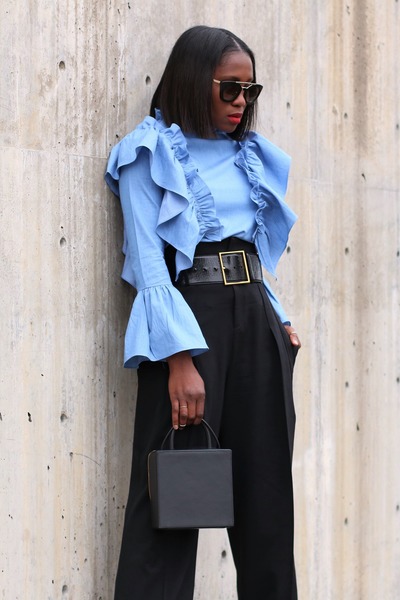 high waisted pants ruffle top