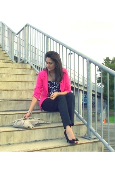 pink jacket black pants