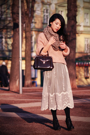 black H&M tights - light brown Topshop scarf - dark brown vintage bag - cream sh
