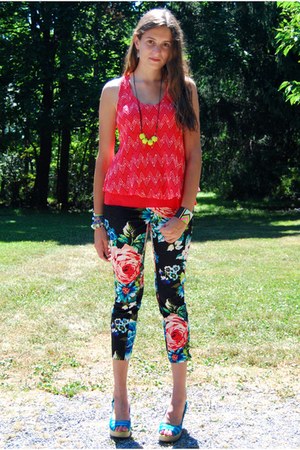 black pants - hot pink bracelet - chartreuse necklace - coral Ya top
