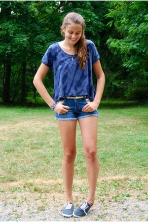 blue shorts - navy shoes - cream belt - navy top - gold necklace - blue bracelet