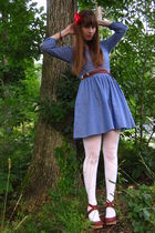 blue H&M dress - brown thrifted belt - brown seychelles shoes - white Target tig