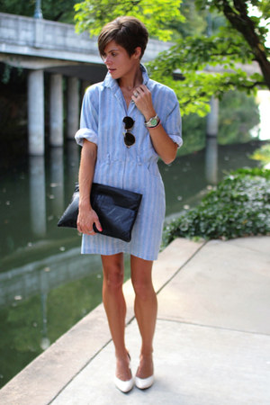 black bag - light blue dress - white heels