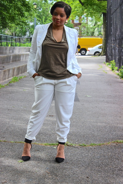 White Forever 21 Blazers Olive Green Vs Neck Ts White Forever 21 Blazer Olive Green V Neck T Shirt