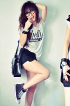 black shorts - ruby red accessories - ivory t-shirt - silver accessories