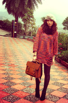 silver hat - carrot orange sweater - purple sweater - coral sweater - brown bag