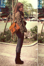 army green jacket - black shirt - dark brown bag