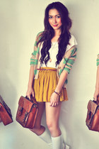 ivory shirt - dark brown bag - aquamarine cardigan - mustard skirt