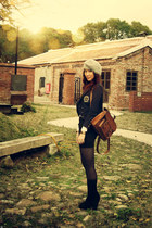 navy jacket - black shoes - silver hat - ivory shirt - brown bag