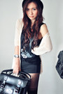 Charcoal-gray-shirt-beige-cardigan-black-skirt