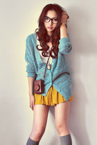 mustard skirt - ivory shirt - dark brown bag - heather gray socks