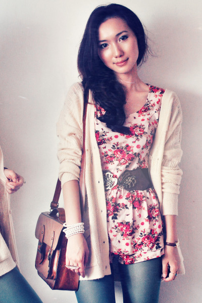 dark brown bag - ruby red dress - light pink dress - beige cardigan