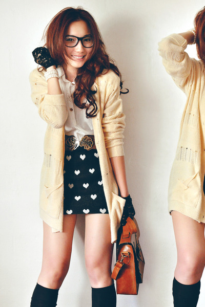 black skirt - off white shirt - brown bag - beige cardigan - dark brown belt