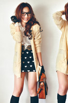 black skirt - off white shirt - brown bag - beige cardigan - dark brown belt