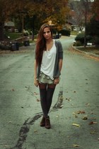 beige shorts - white shirt - heather gray cardigan - dark brown shoes
