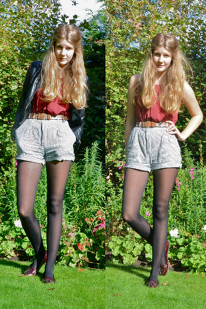 brick red self-made top - black leather H&M jacket