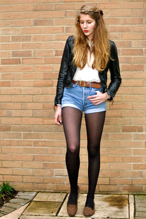 black leather H&M jacket - white Forever 21 shirt - blue denim vintage shorts