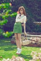 collared Topshop top - embellished H&M top - Schutz shoes - Chanel purse