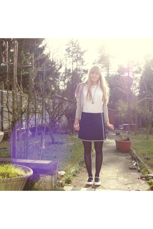 gray Promod cardigan - white thrifted blouse - blue thrifted skirt - blue tights