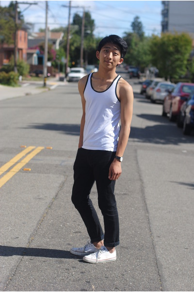 Men's White American Apparel Shirts, Black Levis Jeans, White Converse Sneakers "Minimalist Summer" | Chictopia