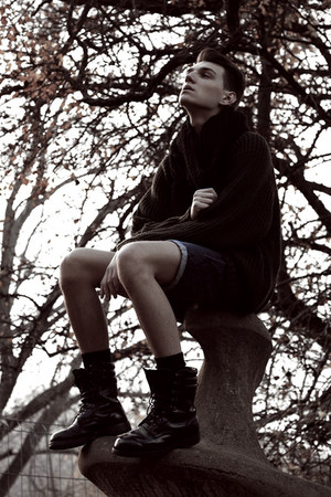 black Zara boots - blue denim H&M shorts - dark brown knitted H&M cardigan