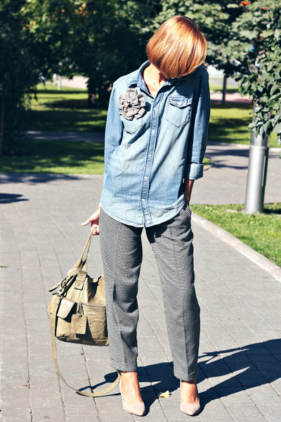 denim shirt olive pants