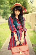 brown vintage bag - crimson vintage boots - red vintage dress