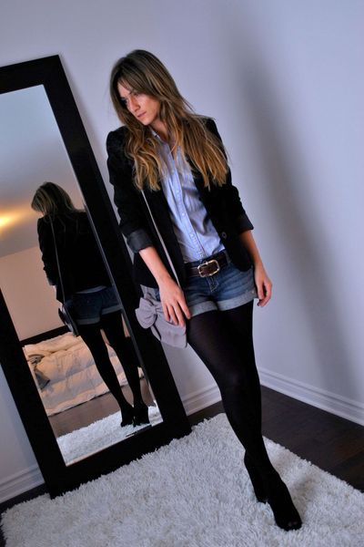 denim shorts with black stockings