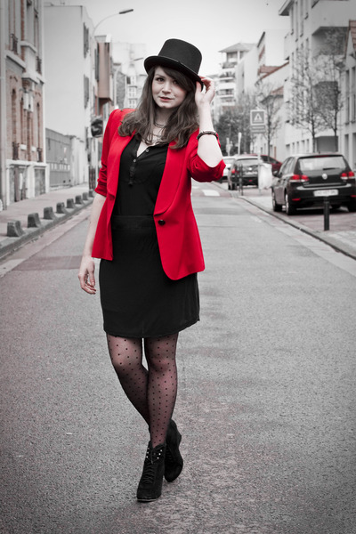 red dress with black jacket